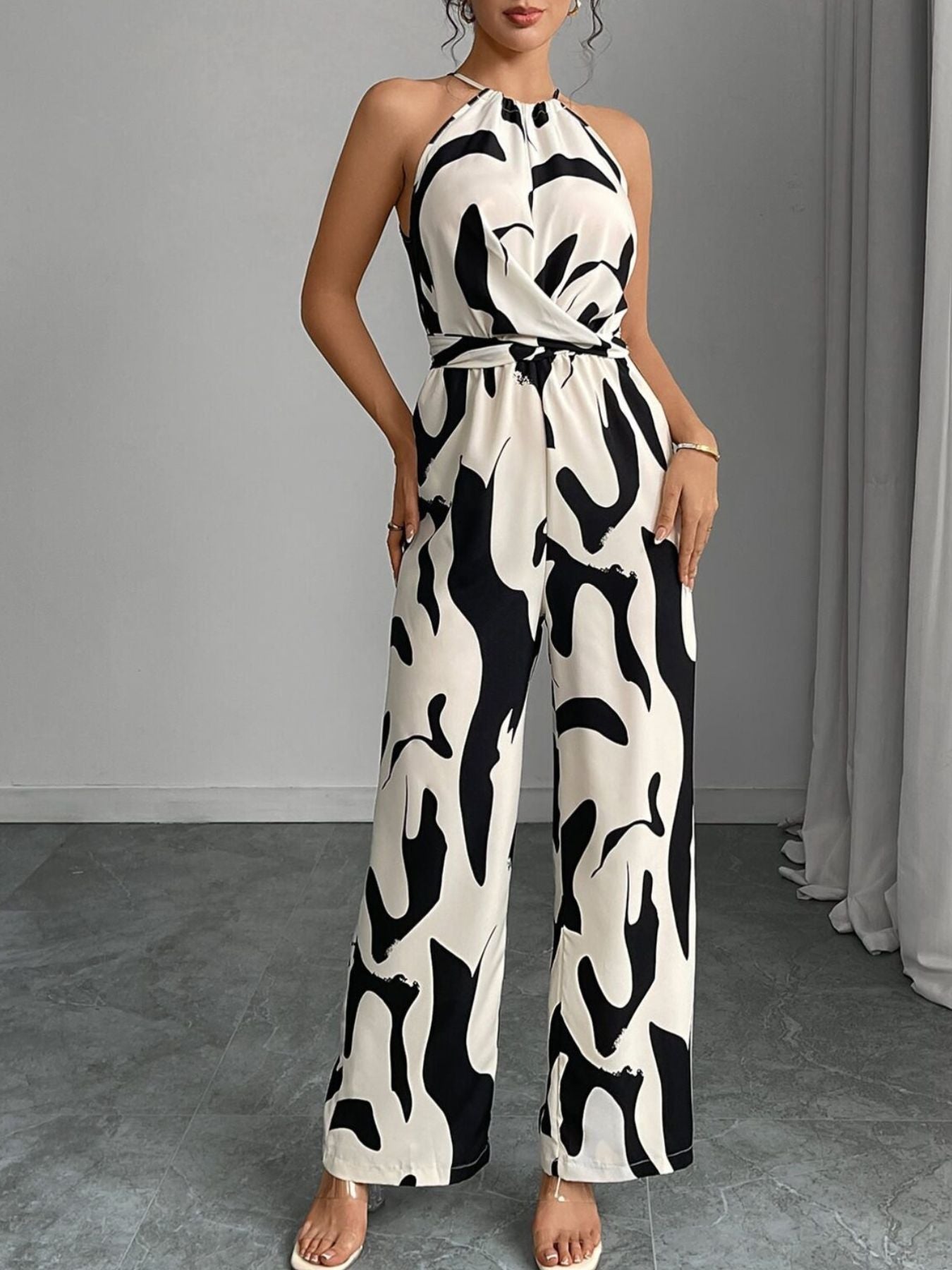 Black Abstract Print Wide Leg Jumpsuit for Women
