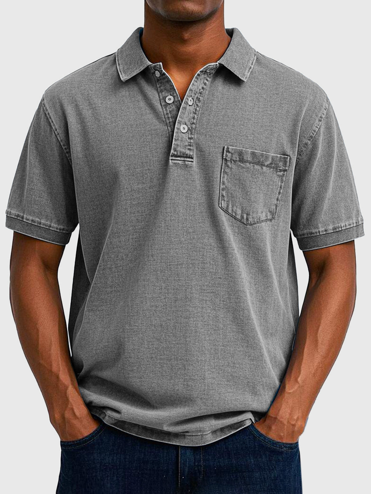 Cotton Denim Short Sleeve Polo Shirt for Men
