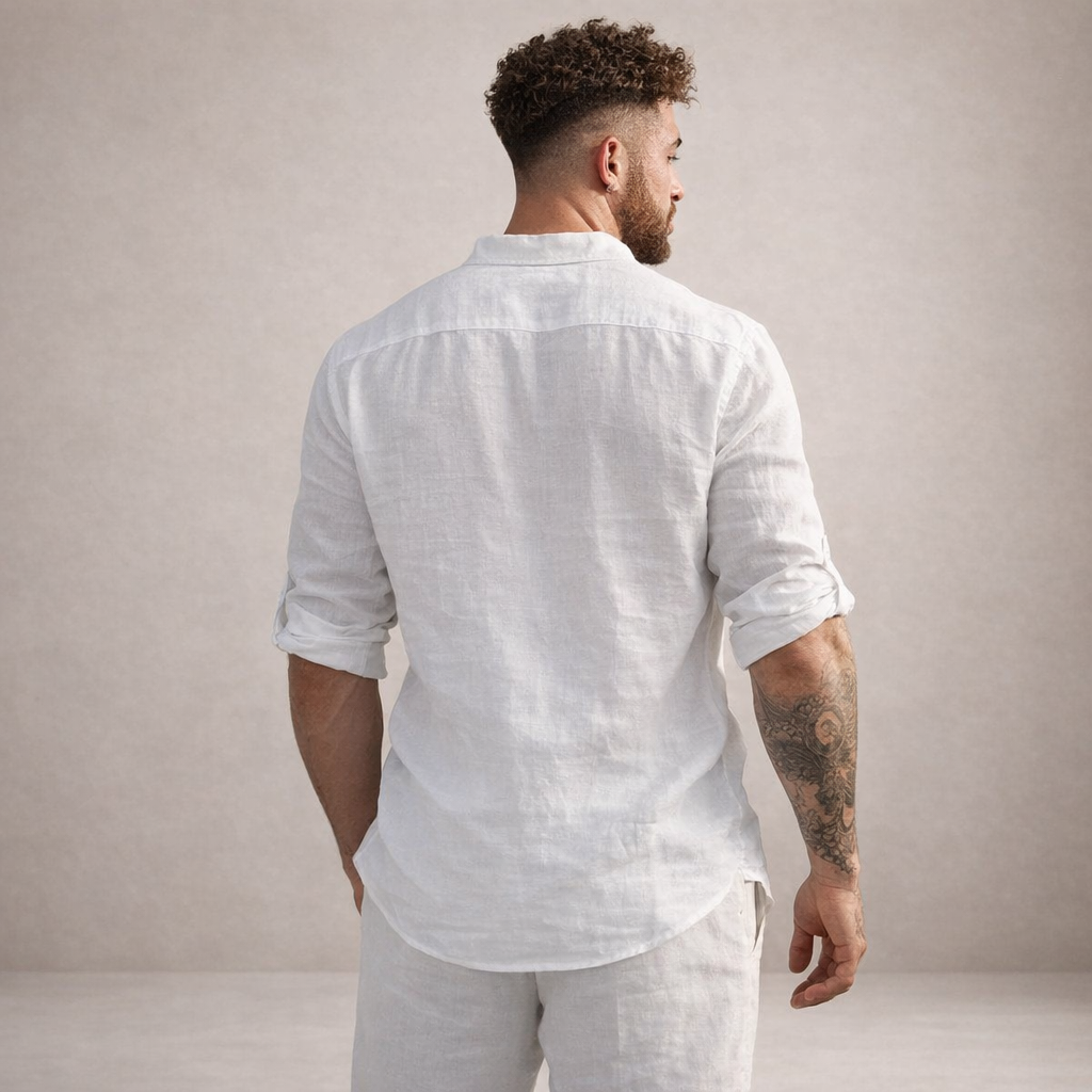 Linen Regular Fit Shirt for Men with Stand Collar and Long Sleeves