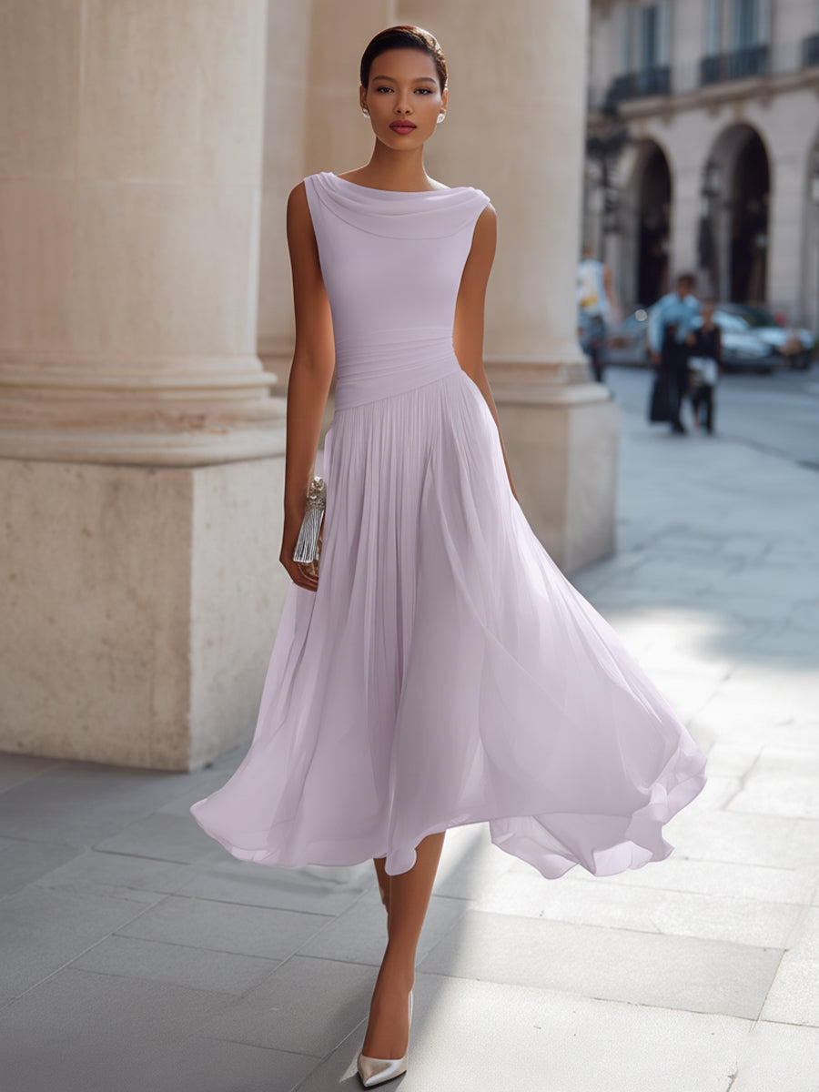 Draped Neck Sleeveless Pleated Midi Dress for Women | Occasion Wear