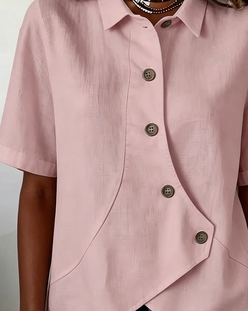 Cotton Linen Asymmetric Placket Button-Down Shirt for Men