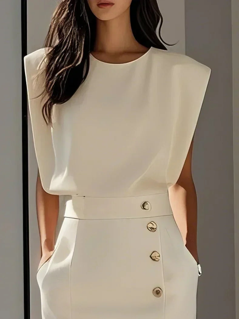 Round Neck Midi Dress with Button Slit Detail for Women
