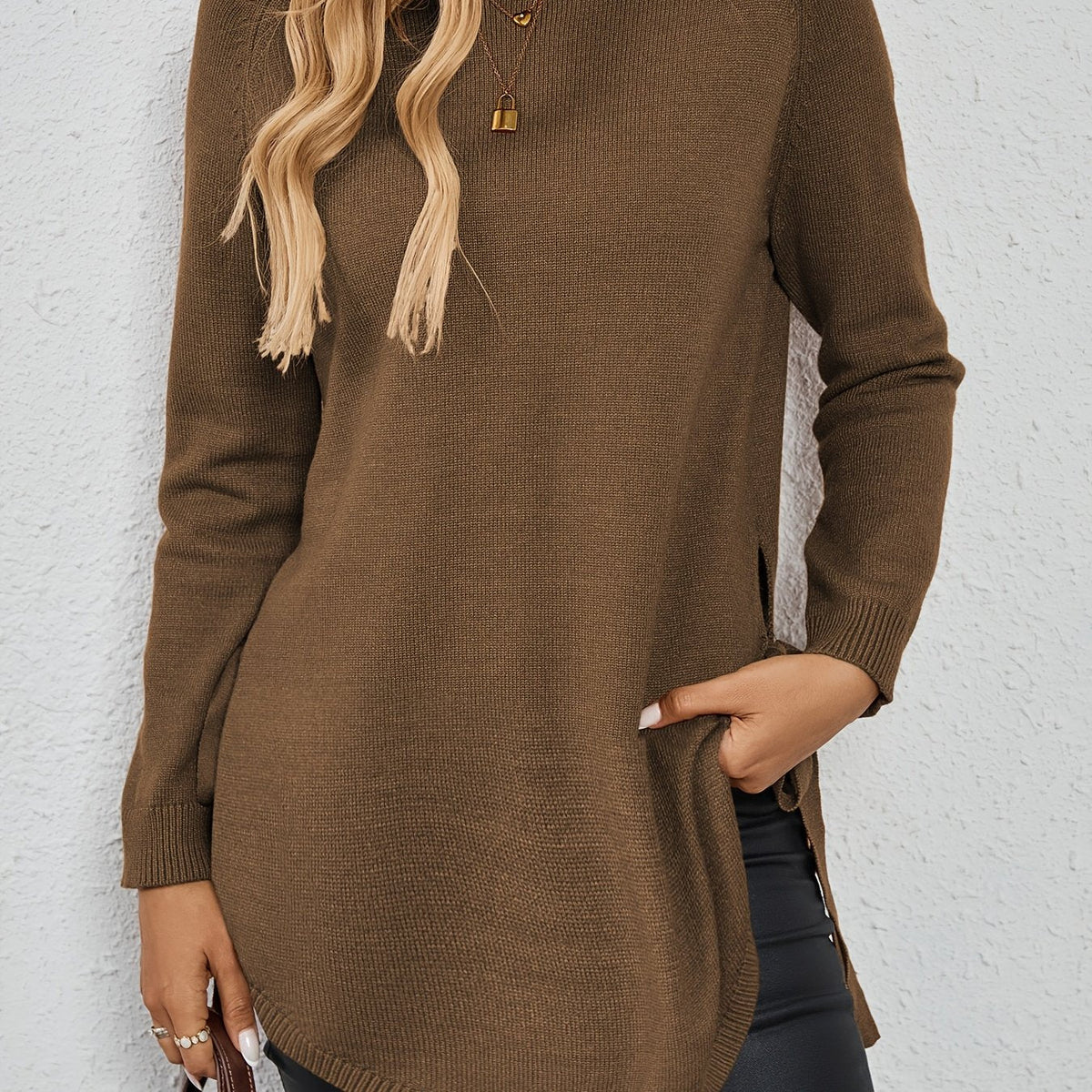 Relaxed Fit Longline Round Neck Pullover Sweater with Side Slits for Women