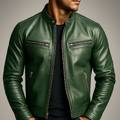 Brown Vintage Leather Jacket with Reinforced Seams and Metal Zipper for Men