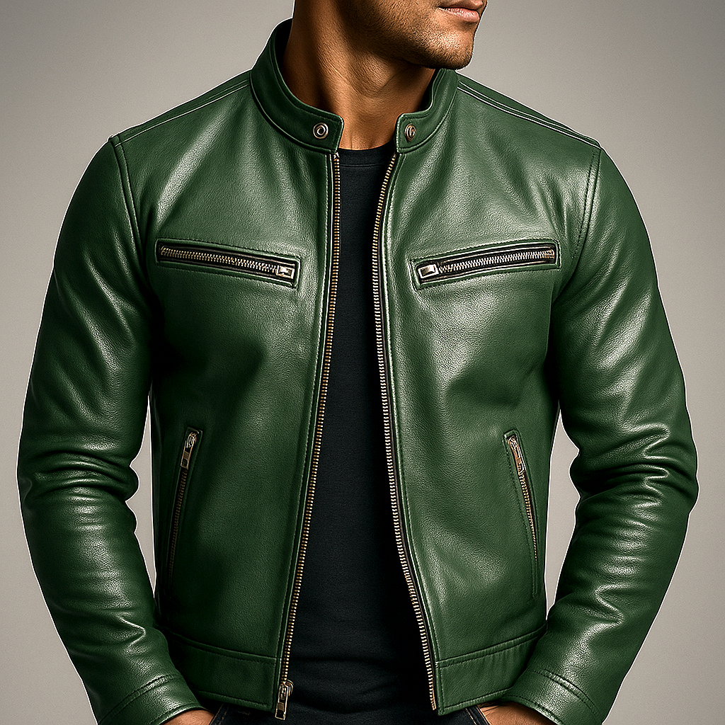 Brown Vintage Leather Jacket with Reinforced Seams and Metal Zipper for Men