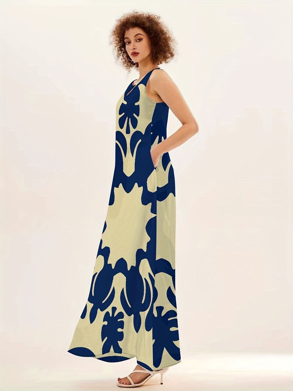 Blue Floral V-Neck Sleeveless Swing Maxi Dress for Women | With Pockets