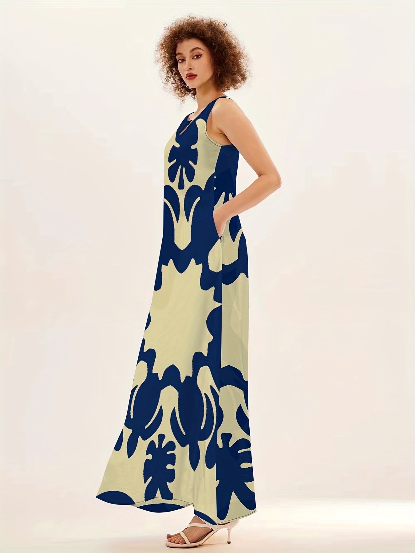 Blue Floral V-Neck Sleeveless Swing Maxi Dress for Women | With Pockets