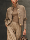 Brown Textured Knit Blazer with Button Front and High Neckline for Women