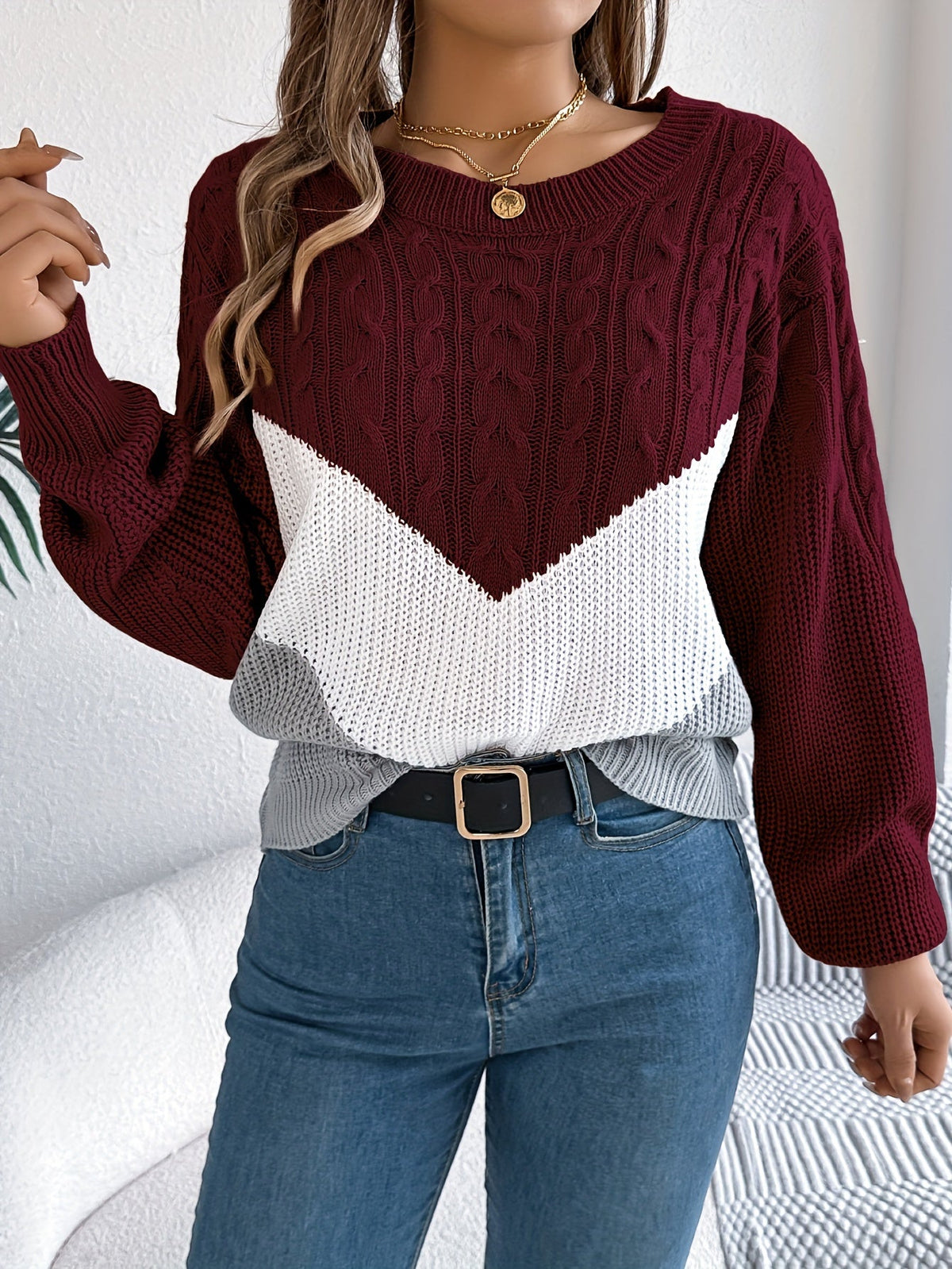 Stretch Knit Color Block Round Neck Sweater for Women | Fall Winter Layering