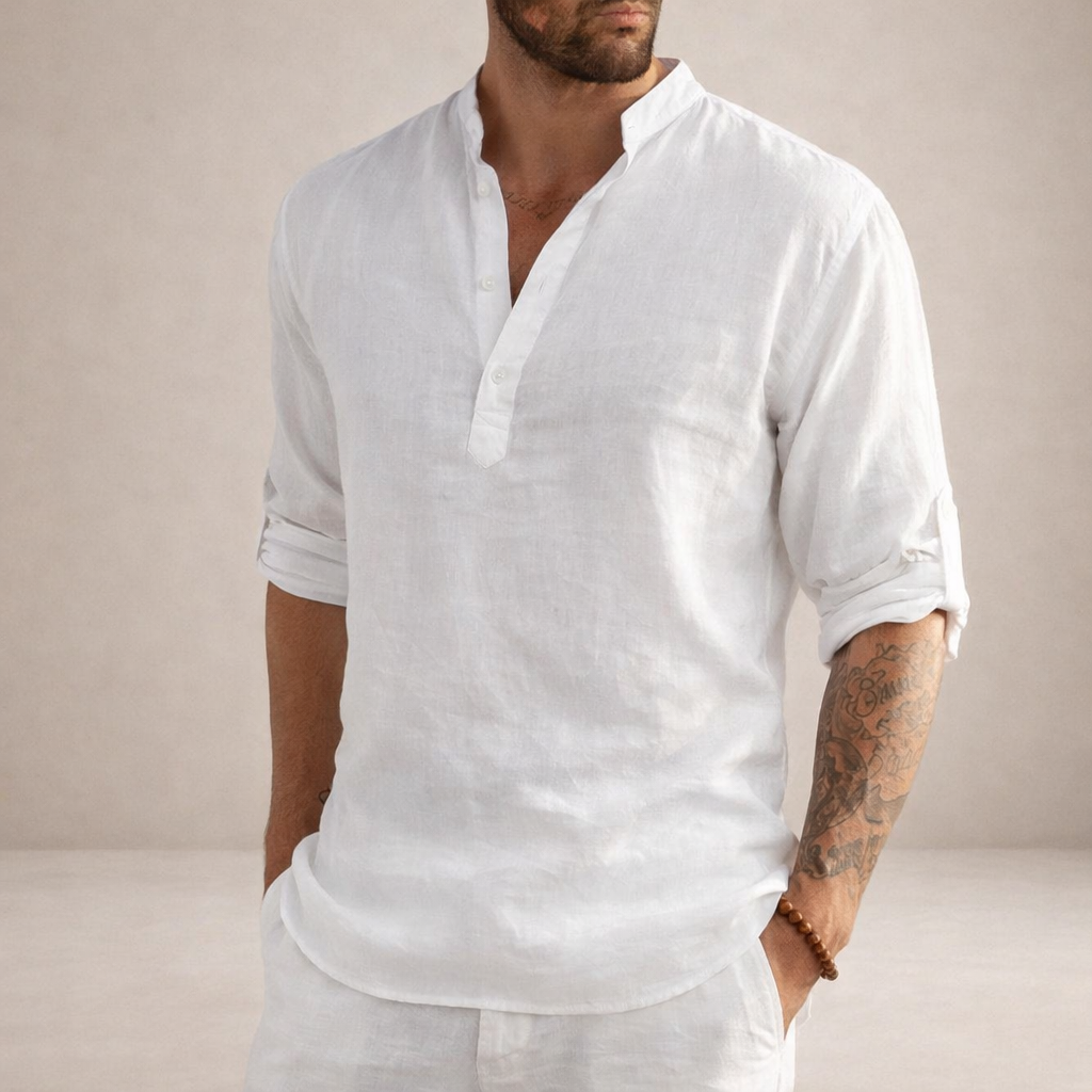 Linen Regular Fit Shirt for Men with Stand Collar and Long Sleeves