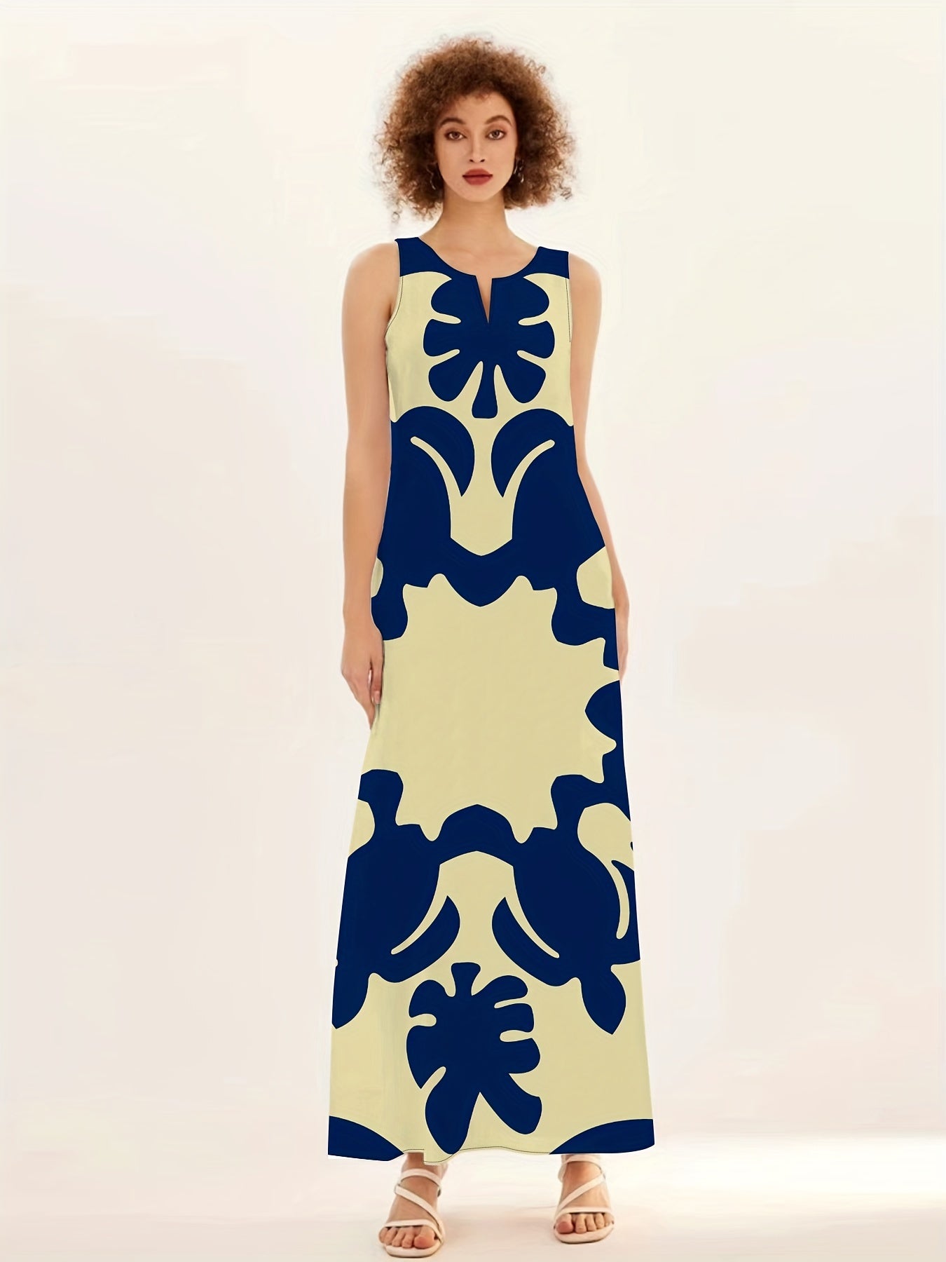Blue Floral V-Neck Sleeveless Swing Maxi Dress for Women | With Pockets