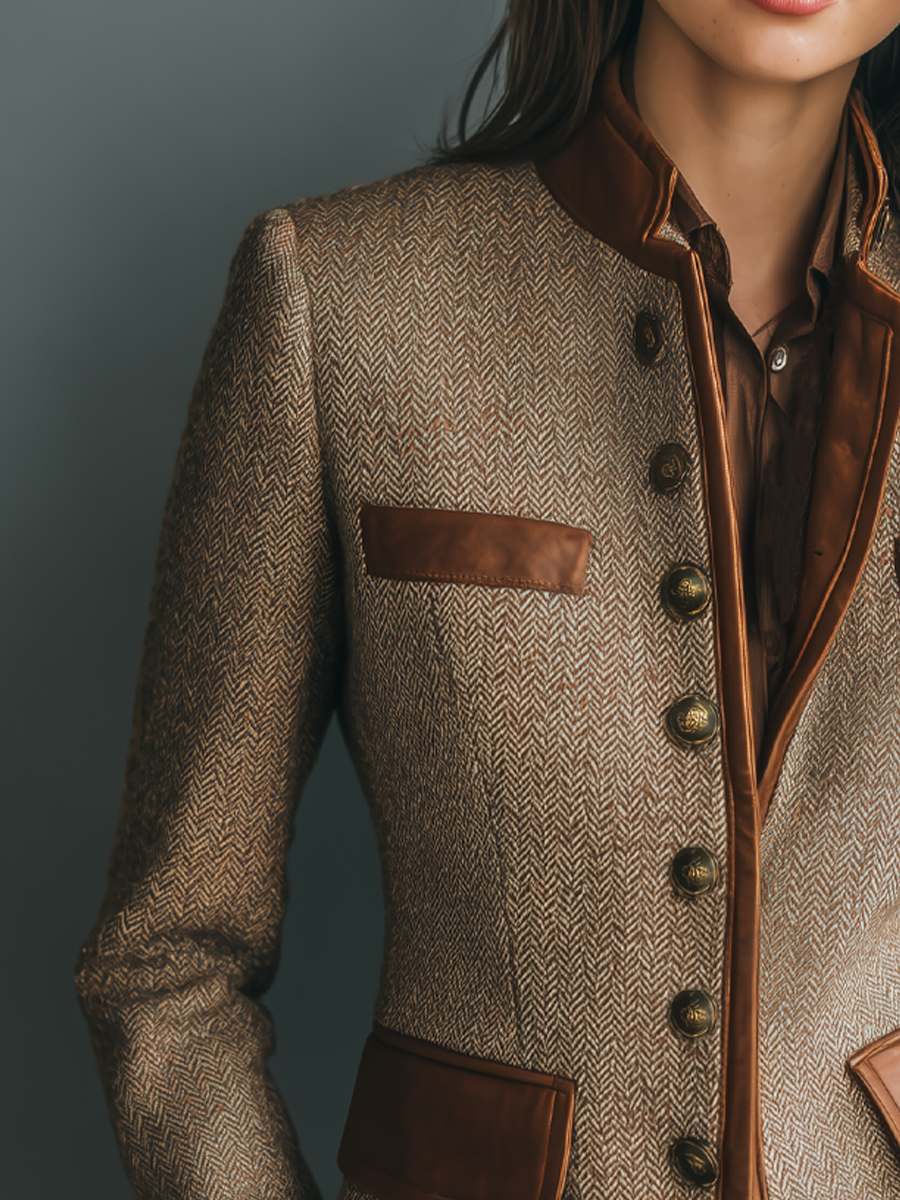 Brown Tweed Style Fitted Vintage Jacket with Trim and Pockets for Women