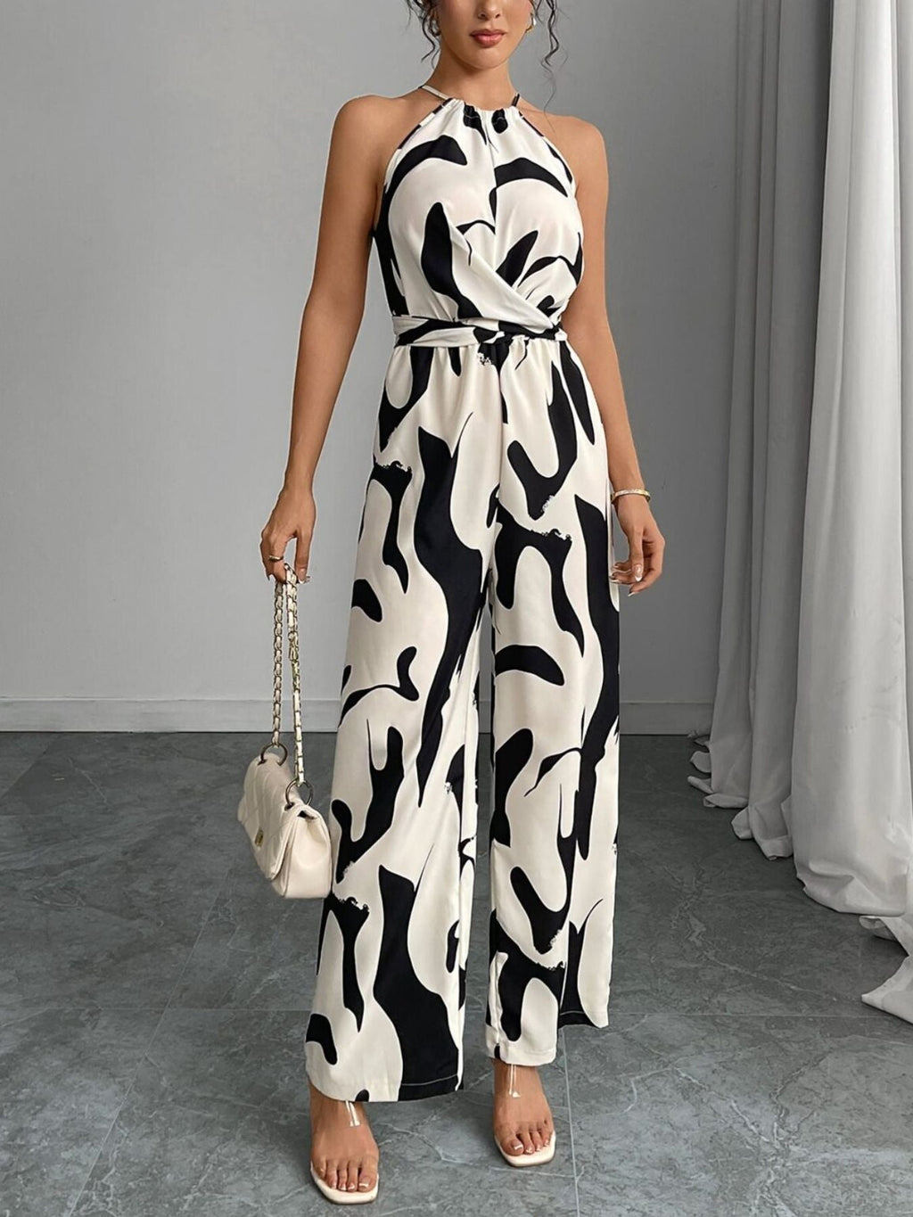 Black Abstract Print Wide Leg Jumpsuit for Women