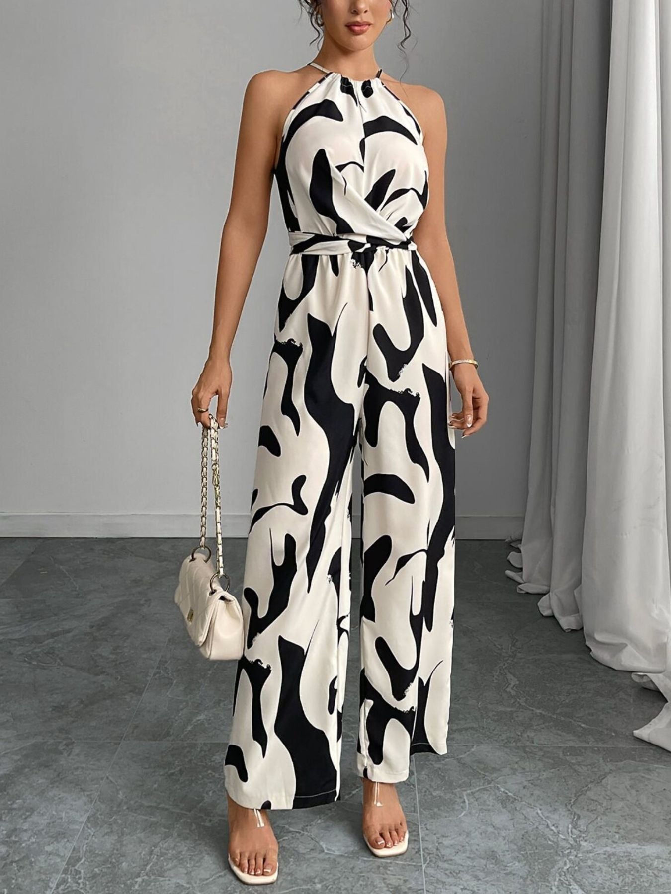 Black Abstract Print Wide Leg Jumpsuit for Women