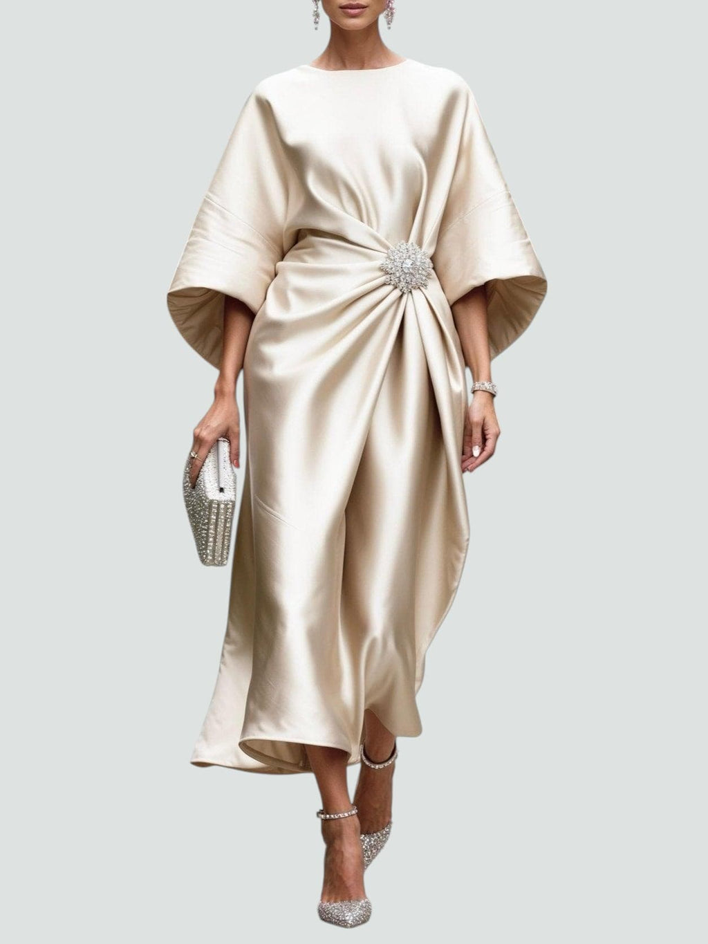 Draped Boat Neck Cape Sleeve Maxi Dress for Women | Formal Evening Gown