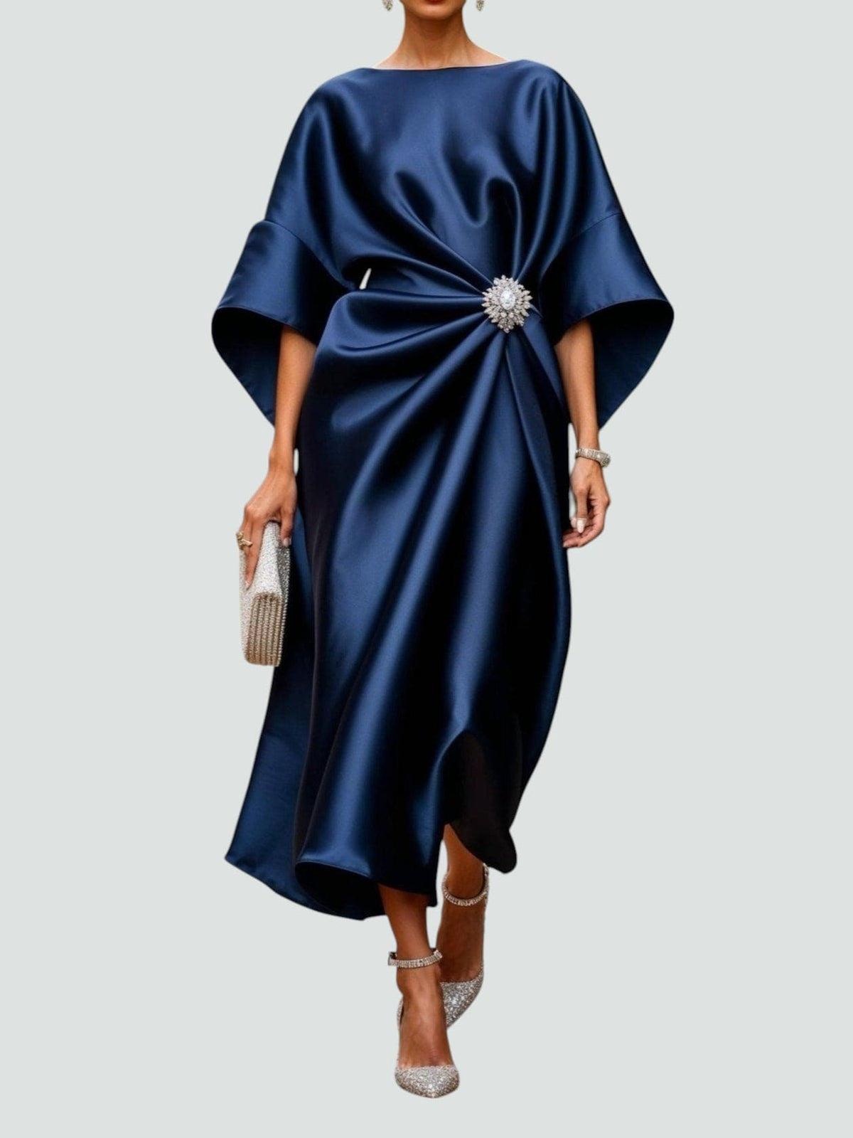 Draped Boat Neck Cape Sleeve Maxi Dress for Women | Formal Evening Gown