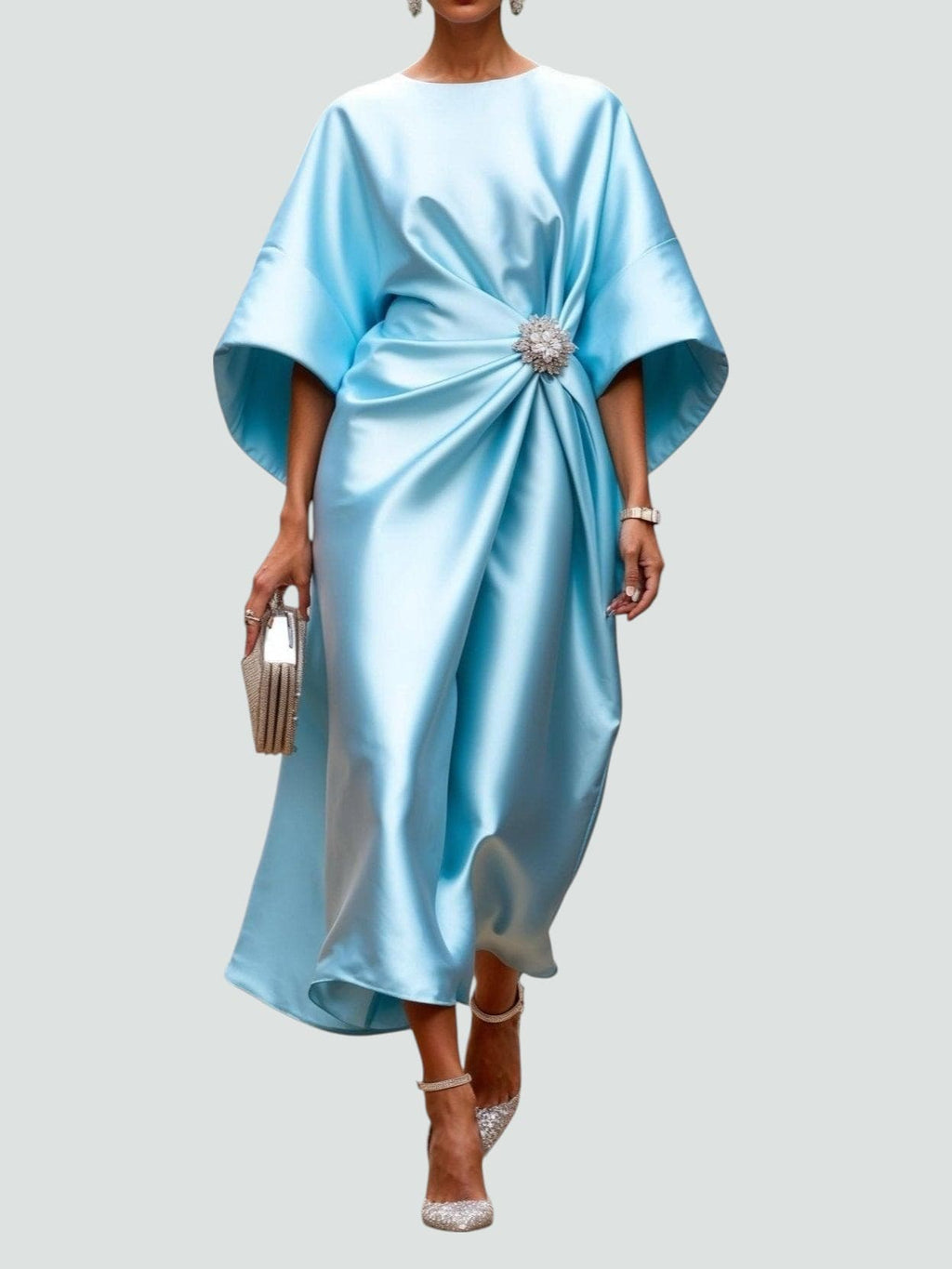 Draped Boat Neck Cape Sleeve Maxi Dress for Women | Formal Evening Gown