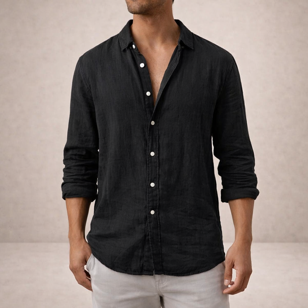 Linen Regular Fit Long Sleeve Open Collar Shirt for Men