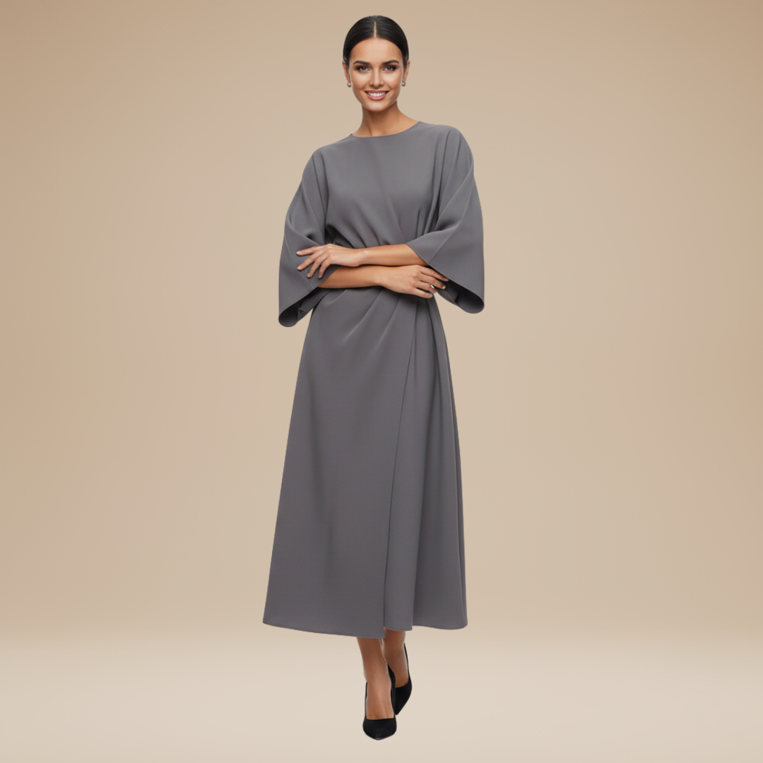 Wide Sleeve Wrap Midi Dress for Women | Belted V-Neckline
