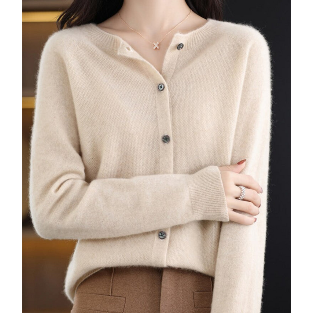 Merino Wool Cashmere Round Neck Button Front Long Sleeve Cardigan for Women