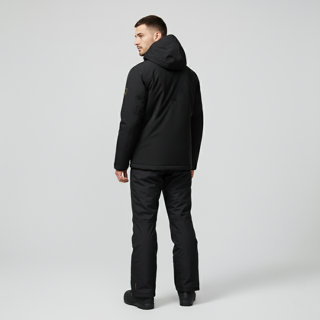 Black Two Piece Ski Jacket and Pants Set with Hood for Men | Snowboard Outfit