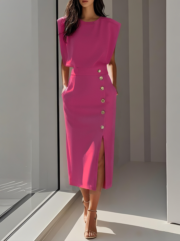 Round Neck Midi Dress with Button Slit Detail for Women