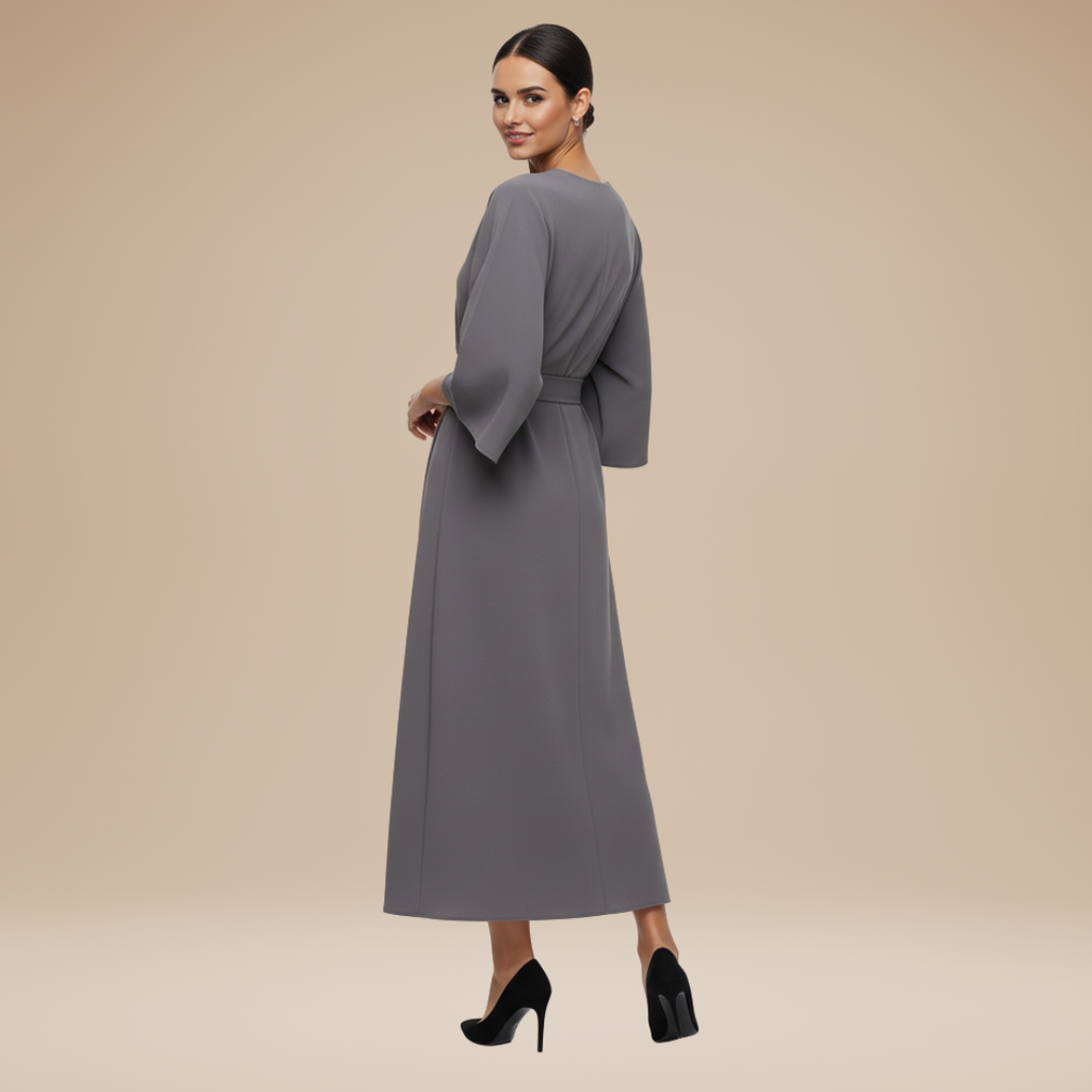 Wide Sleeve Wrap Midi Dress for Women | Belted V-Neckline