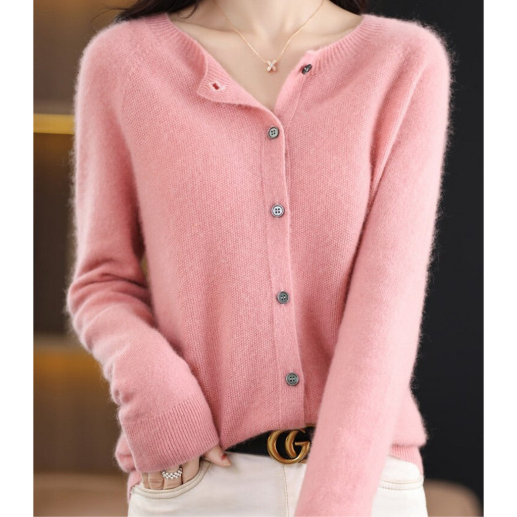 Merino Wool Cashmere Round Neck Button Front Long Sleeve Cardigan for Women