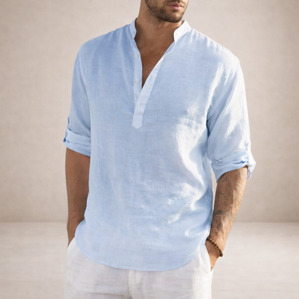 Linen Regular Fit Shirt for Men with Stand Collar and Long Sleeves