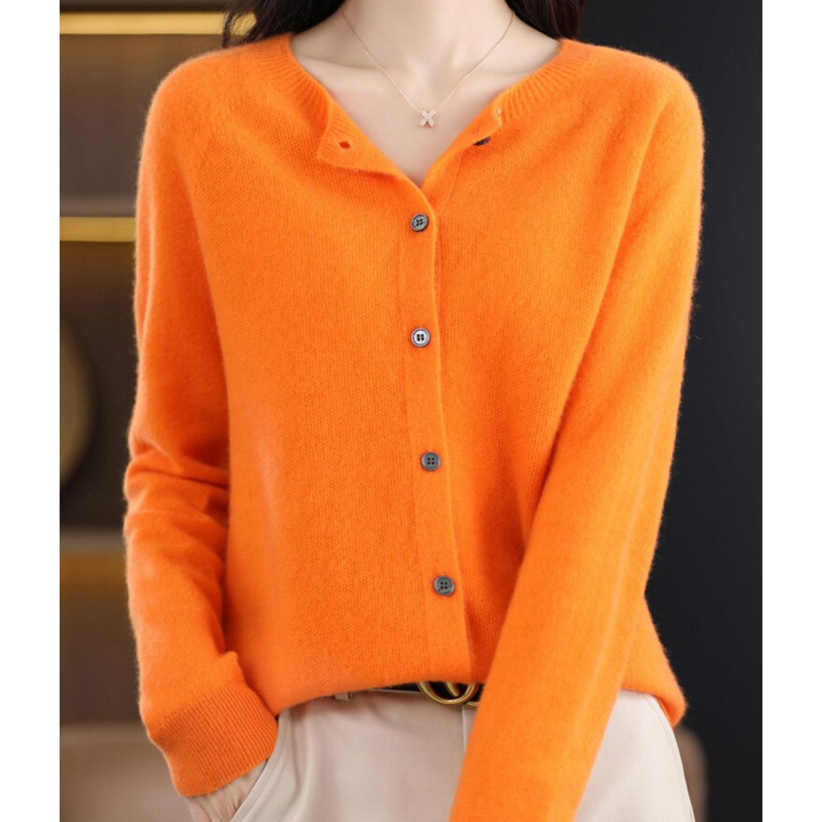 Merino Wool Cashmere Round Neck Button Front Long Sleeve Cardigan for Women