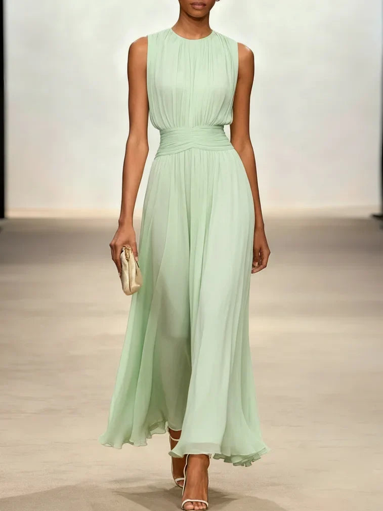 Sleeveless Ruched A-Line Chiffon Maxi Dress for Women | Wedding Guest