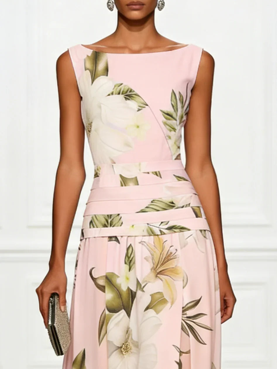 Floral Boat Neck Sleeveless Maxi Dress for Women | Wedding Guest