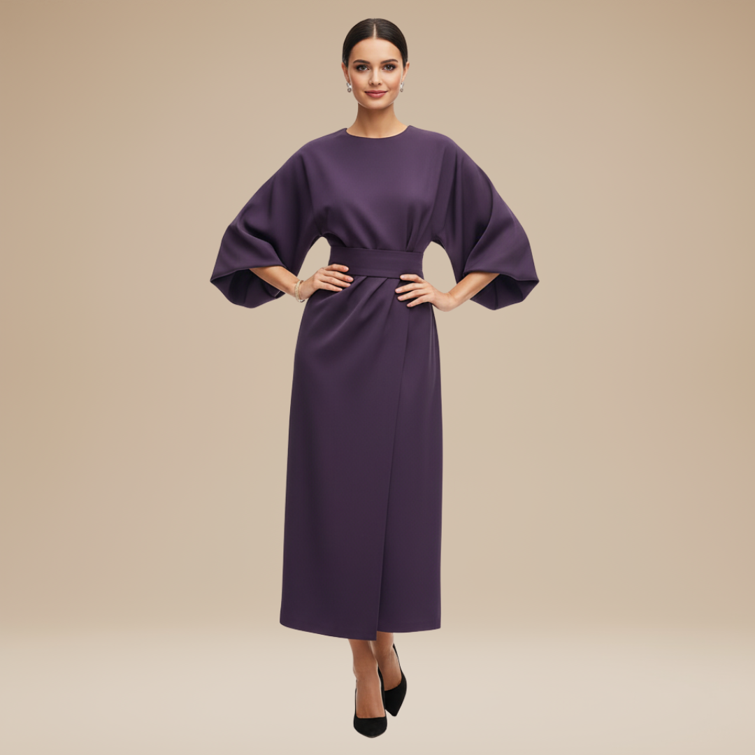 Wide Sleeve Wrap Midi Dress for Women | Belted V-Neckline