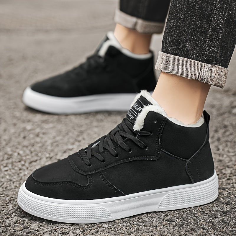 Warm Plush Lined High Top Lace Up Sneakers with Grip Sole for Men | Winter Wear