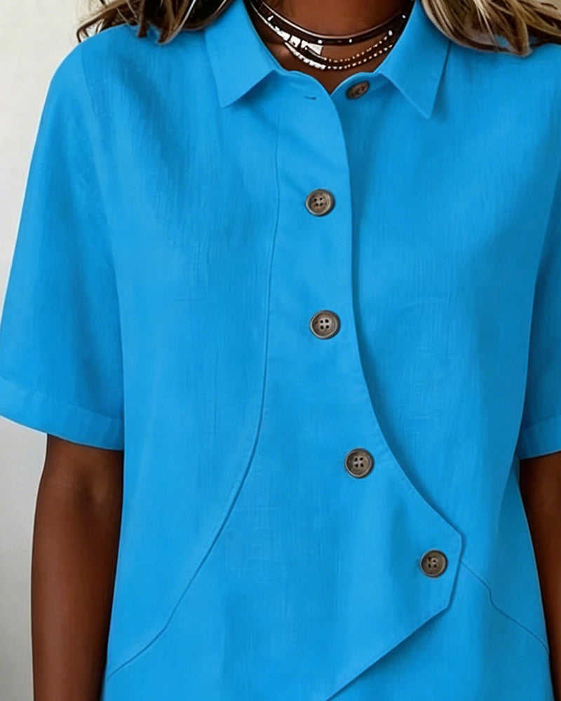 Cotton Linen Asymmetric Placket Button-Down Shirt for Men