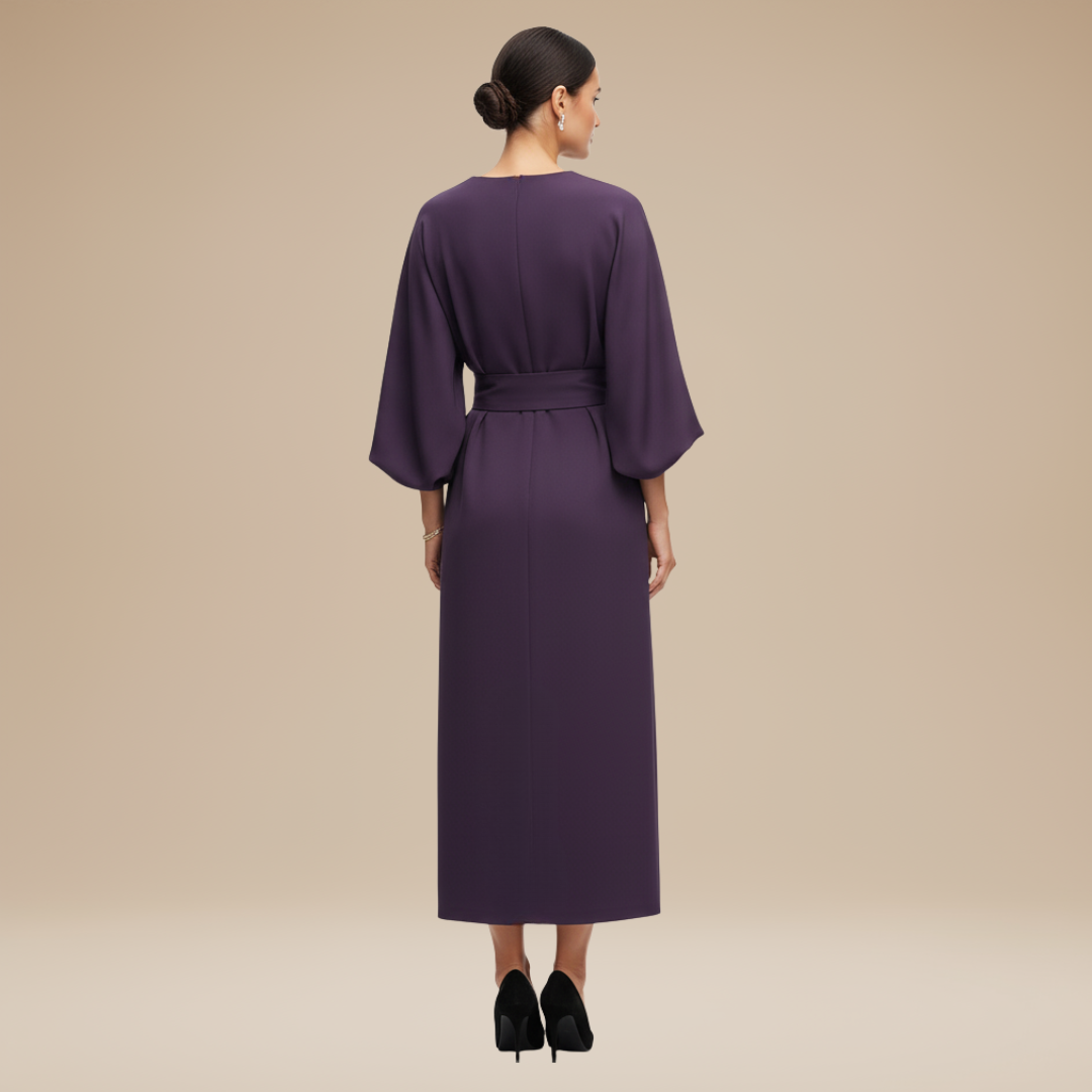 Wide Sleeve Wrap Midi Dress for Women | Belted V-Neckline