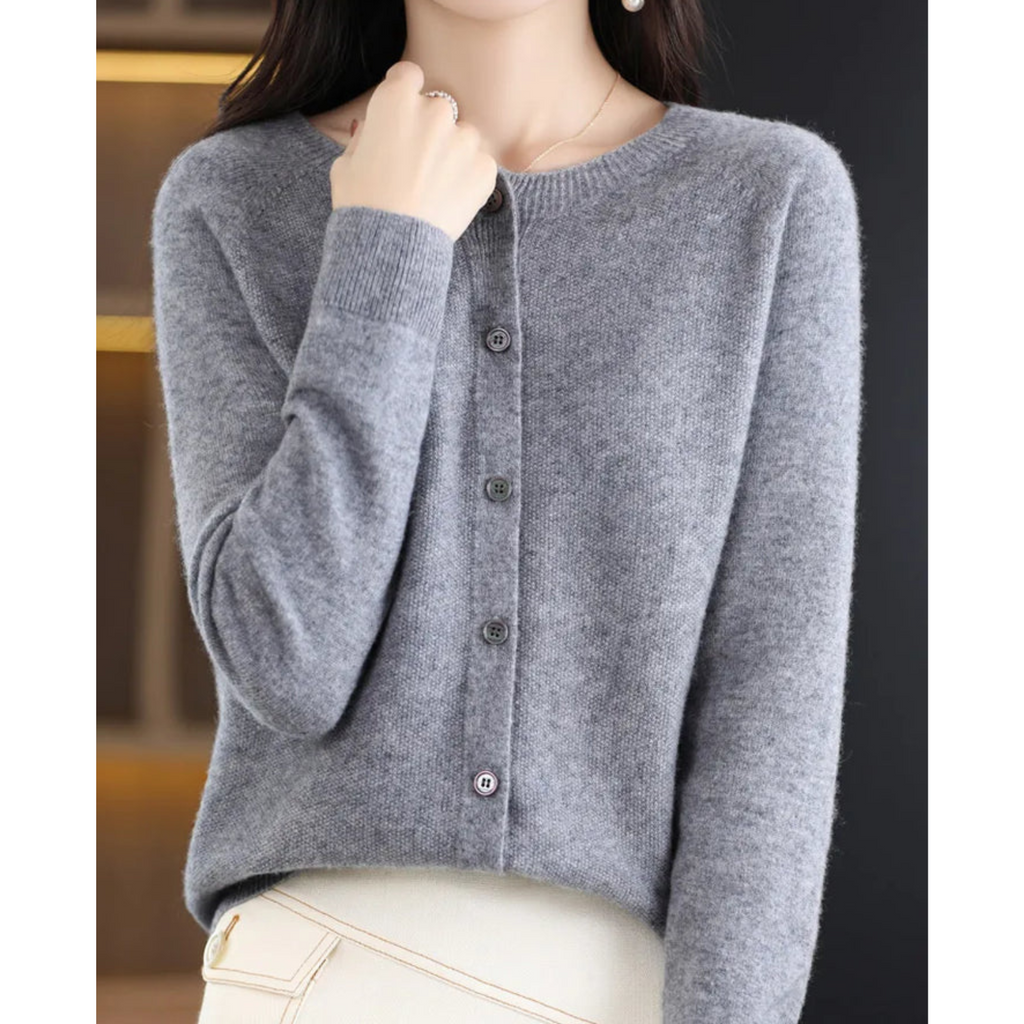 Merino Wool Cashmere Round Neck Button Front Long Sleeve Cardigan for Women