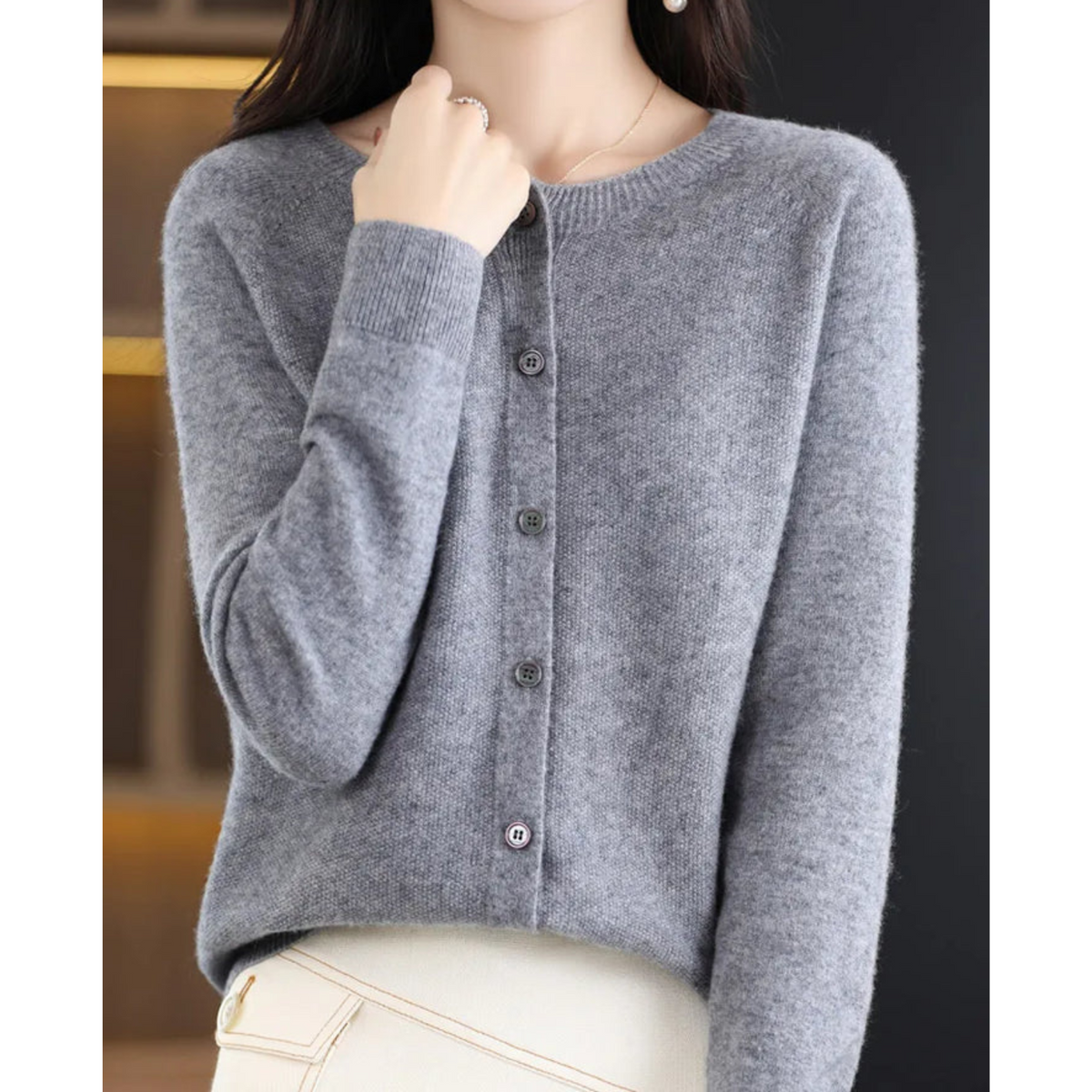 Merino Wool Cashmere Round Neck Button Front Long Sleeve Cardigan for Women
