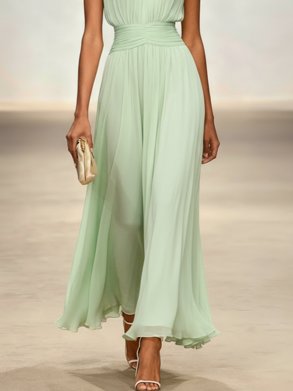 Sleeveless Ruched A-Line Chiffon Maxi Dress for Women | Wedding Guest