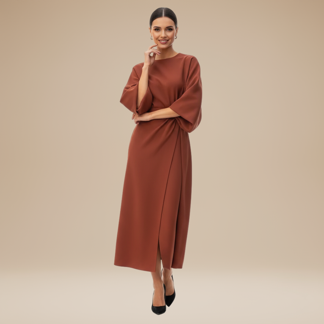 Wide Sleeve Wrap Midi Dress for Women | Belted V-Neckline