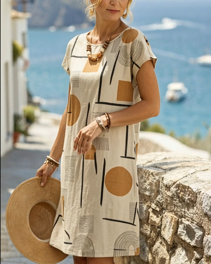 Beige Abstract Geometric Print Shift Mini Dress for Women