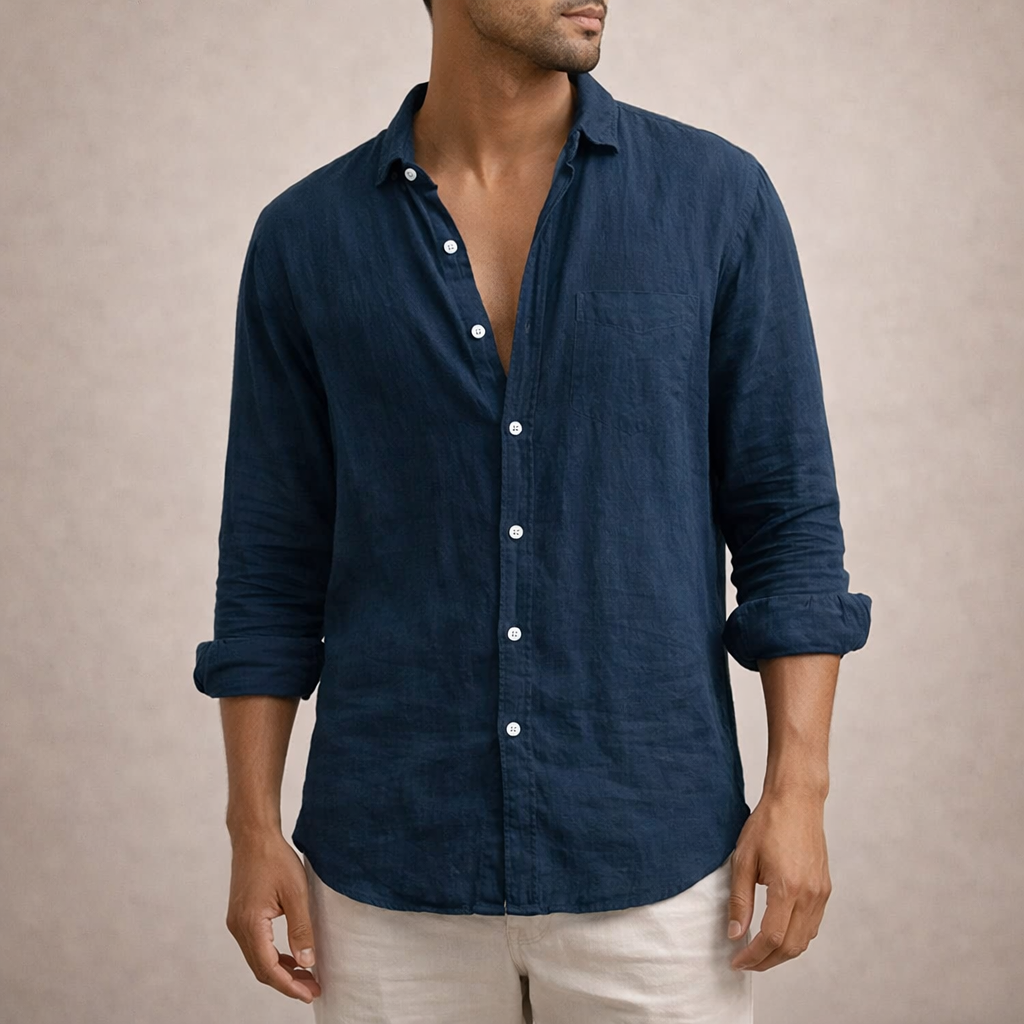 Linen Regular Fit Long Sleeve Open Collar Shirt for Men