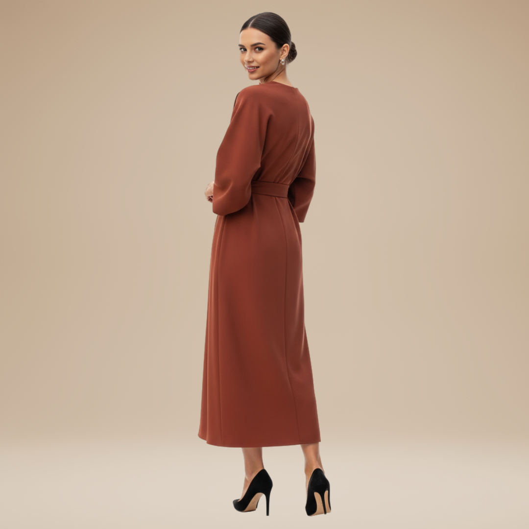 Wide Sleeve Wrap Midi Dress for Women | Belted V-Neckline