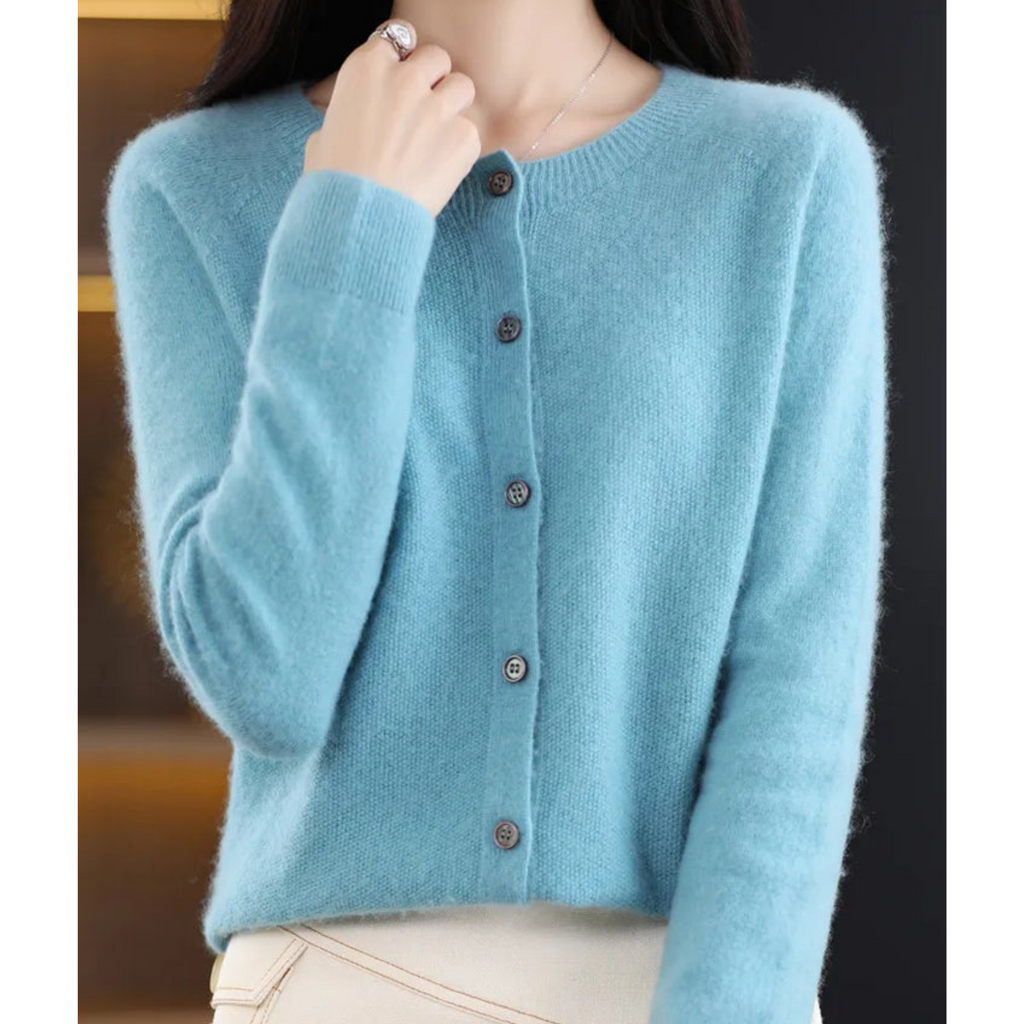 Merino Wool Cashmere Round Neck Button Front Long Sleeve Cardigan for Women