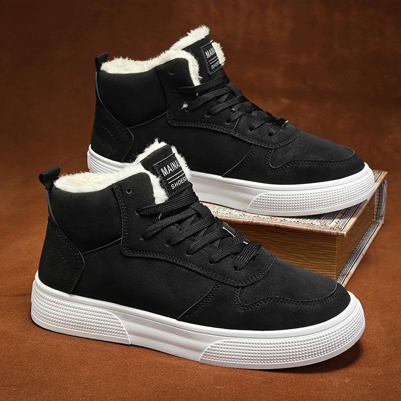 Warm Plush Lined High Top Lace Up Sneakers with Grip Sole for Men | Winter Wear