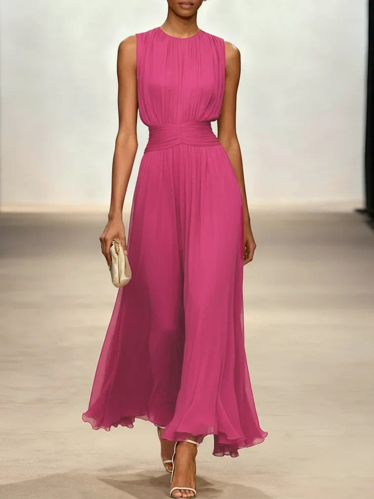 Sleeveless Ruched A-Line Chiffon Maxi Dress for Women | Wedding Guest
