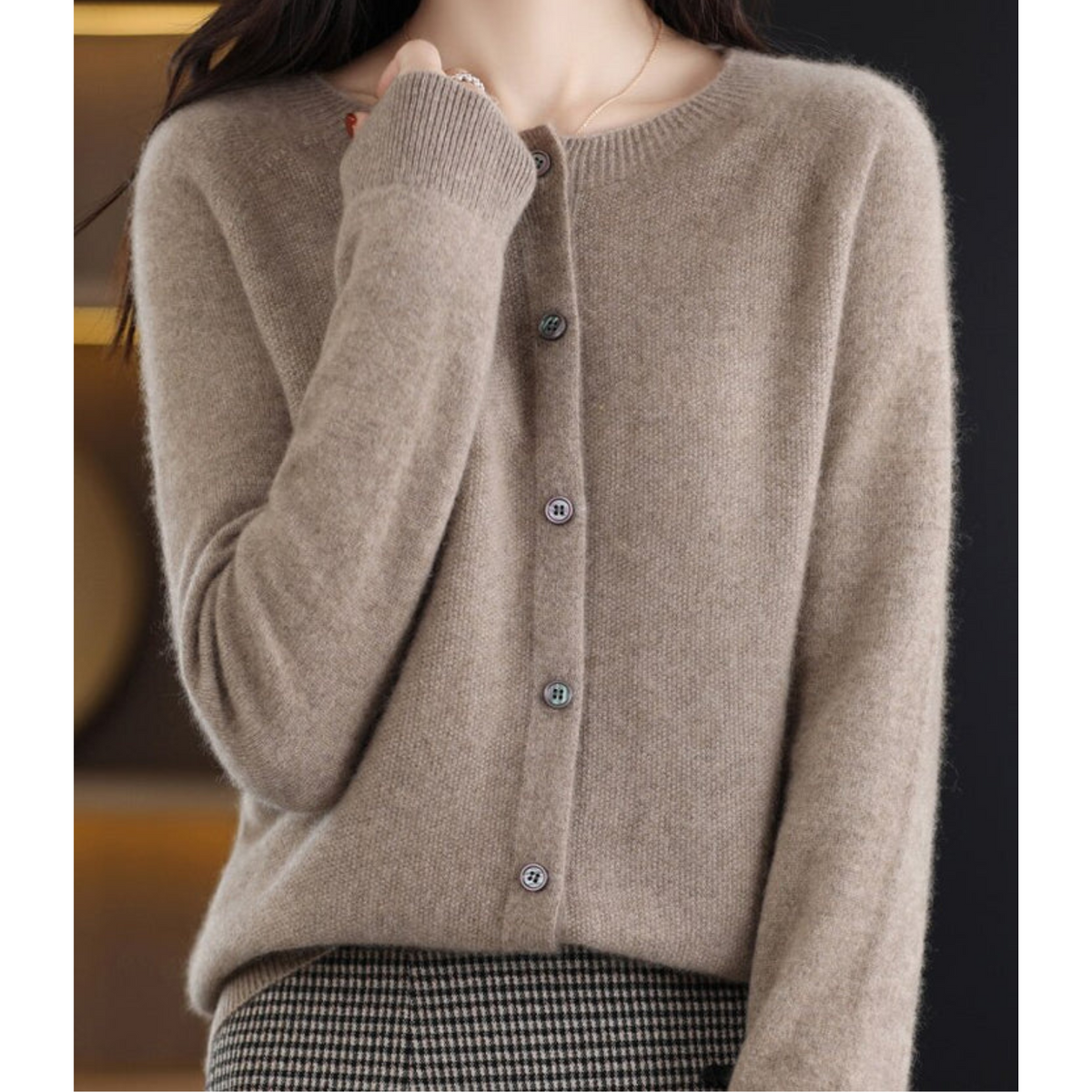 Merino Wool Cashmere Round Neck Button Front Long Sleeve Cardigan for Women