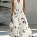 Floral Patchwork Backless Ruched Flared Maxi Dress for Women
