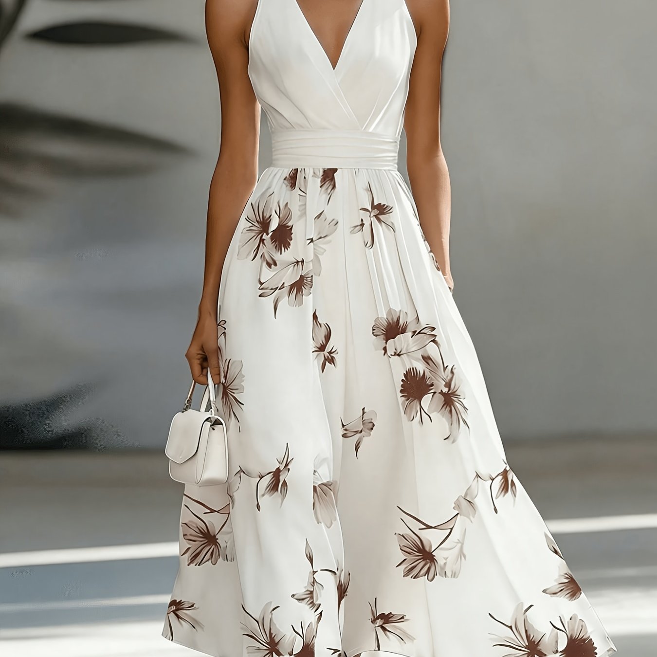 Floral Patchwork Backless Ruched Flared Maxi Dress for Women