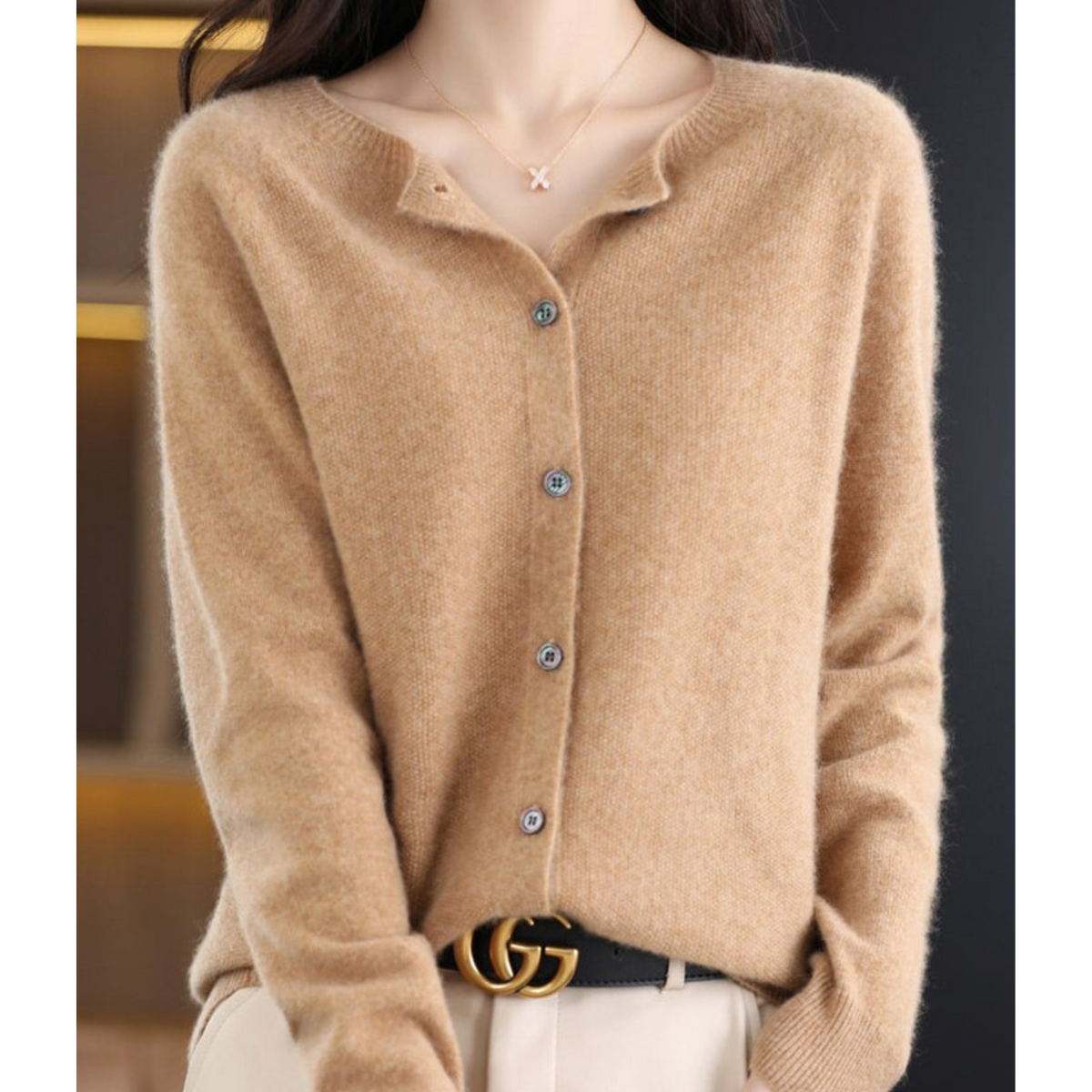 Merino Wool Cashmere Round Neck Button Front Long Sleeve Cardigan for Women